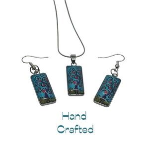 Hand Crafted Blue Red Black Tree Rectangle Pendant Necklace Earrings Set NWT